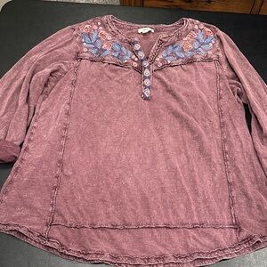 Style & Co. Mauve Boho Blouse with Blue and Pink Embroidery
